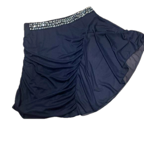 NWT Style Y One-shoulder Tank Flowy Ruffle Fitted Gems Rhinestones Navy Sz Med - Picture 1 of 5